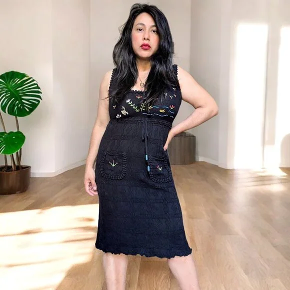 Betsey Johnson rare vintage 90's knit embroidered pointielle midi dress M - Picture 11 of 11